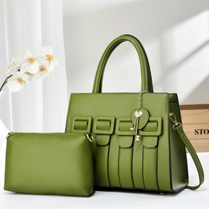 Olive green woven tote bag and small pouch set with golden key charm and shoulder strap
