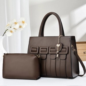 Deep brown 2-piece tote bag set with woven texture and elegant gold key pendant