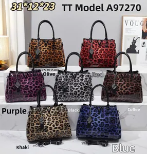 Detailed display of seven leopard print handbags in multiple colors and 31x12x23cm size