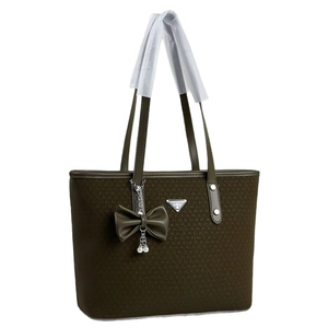Olive green woven tote bag with silver triangle plaque and pearl charm decoration