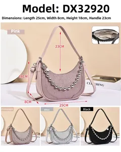 Detailed view of sequined saddle bag dimensions and color options in pink and silver