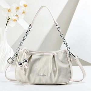 Women Pleated Shoulder Bag PU Leather Underarm Crossbody Bag With Silver Chain And Metal Ball Pendant Chic Trendy