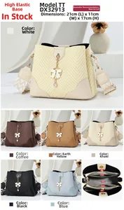 Detailed views of woven bucket bag with metal bow charm and multi-pocket interior design
