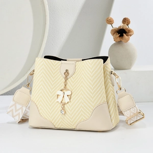 Woven Texture PU Leather Bucket Bag Shoulder Crossbody Bag Wide Jacquard Strap Bow Charm Elegant Fashion For Women