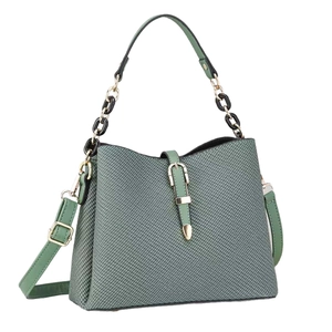 Deep green woven handbag for women with gold chain handle and adjustable strap