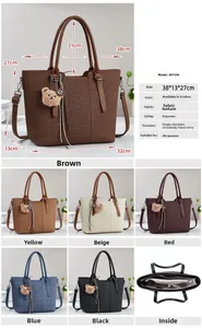 Detail view of large tote bag dimensions and six color options with bear charm