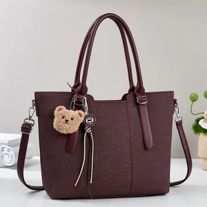 Large Capacity Women Tote Bag PU Leather Fabric Woven Texture With Plush Bear Charm Shoulder Crossbody Handbag For Work Daily