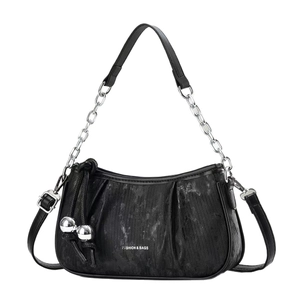 Black ruched cloud bag with silver chain and metal ball pendant for women crossbody