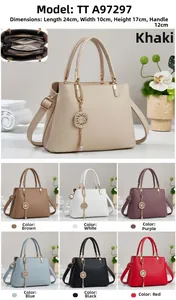 Detailed grid showing seven available colors and internal compartments of the handbag