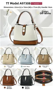 Detailed size chart and internal structure layout of the leather bucket crossbody bag