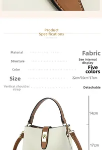 Detailed spec chart of a cream bucket bag showing fabric texture and 22x10x17cm dimensions