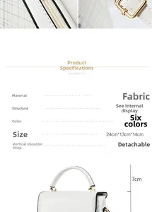 Detailed size specifications and fabric texture of the white handbag with crossbody strap
