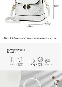 Detail of white PU crossbody bag showing dimensions 18.5cm by 18cm and gold twist lock