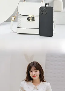 Detailed size comparison of white faux leather square bag with phone and strap