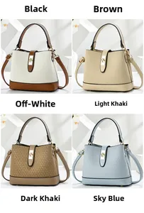 Collage of chic bucket bags in cream, khaki, and blue with gold twist-lock closures