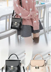 Detail shot of black and beige shoulder bags featuring glossy PU leather and GD metal buckle