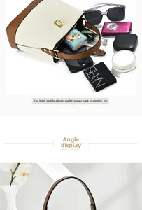 Close-up of spacious interior of two-tone bucket bag holding various everyday essentials