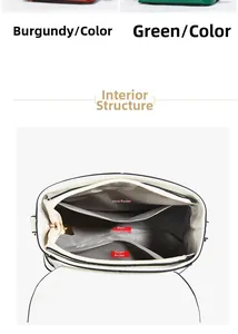 Detail view of the white handbag internal compartments with patch and zipper pockets