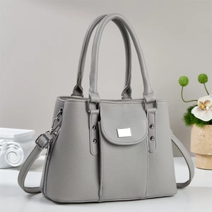 Grey litchi grain leather handbag with top handles and detachable shoulder strap