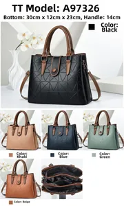 Detail view of large capacity geometric handbag showing dimensions and multi-color options
