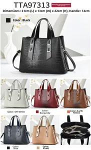 Detailed view of crocodile embossed leather handbag with specific dimensions and color options