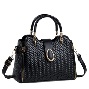 Elegant black woven leather handbag for women featuring a gold clasp and versatile straps
