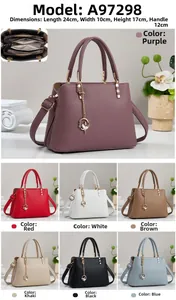 Detailed size chart for textured leather handbag available in seven various colors