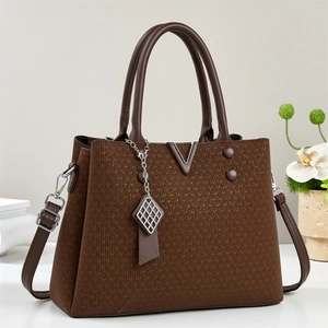 Women Handbag PU Leather Woven Texture Shoulder Bag With V Metal Decor Large Capacity Top Handle Crossbody Purse Elegant