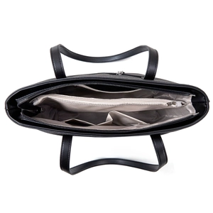 Interior view of black leather bucket bag showing large capacity and multi-pocket organizer