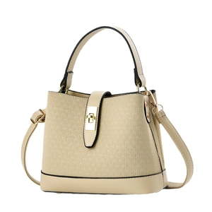 Minimalist beige woven bucket bag with smooth leather accents and golden twist lock