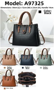 Detailed view of crocodile embossed handbag with multiple layers and size 30x12x23cm