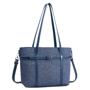 Large capacity navy denim tote bag with faux leather trim and adjustable strap