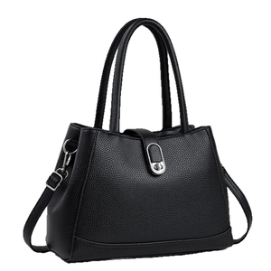 Elegant black lychee grain leather bucket bag with top handles and adjustable strap