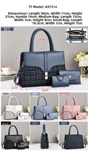 Three-piece tweed and leather handbag set with dimensions and multi-color selection