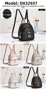 Detailed size chart of mini backpack with M-pattern print and multi-zipper compartments