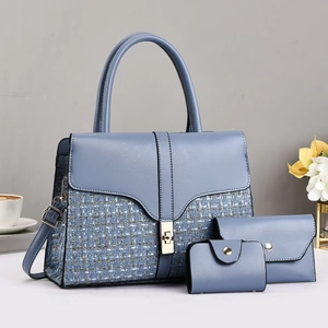 Elegant 3-in-1 blue crossbody bag set with tweed texture and gold twist lock for women