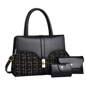 Chic black tweed three-piece handbag set featuring gold metal buckles and crossbody strap