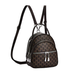 Classic dark brown printed mini backpack with silver metal zippers and multi-compartment design