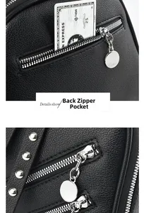 Détails du sac à main en cuir grainé avec poche arrière zippée et rivets métalliques