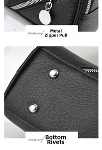 Détail du sac en cuir grainé avec fermeture éclair argentée et rivets de protection