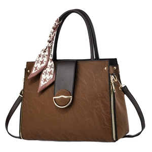 Deep brown retro tote bag with pleated texture and houndstooth silk scarf handle decoration