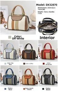 Detailed view of tricolor woven Boston bags showing dimensions and color options