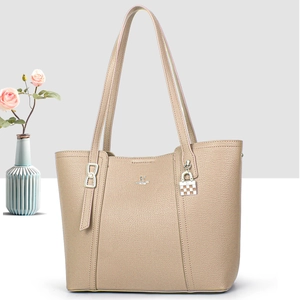 Beige faux leather tote bag with David Jones Paris logo and checkered lock pendant