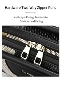 Detail of dual gold-toned zippers on black leather and woven pillow bag surface