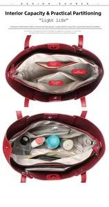 Internal view showing compartments and storage capacity of this large red tote bag