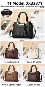 Detailed view of woven leather handbag showing internal layout and five available colors