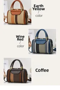 Three color-block canvas Boston handbags with woven textures and leather handles