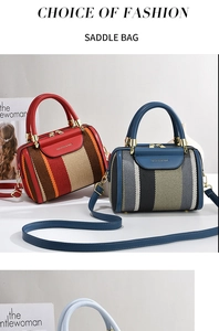 Detail of striped Boston bags in red-brown and blue-grey with detachable straps