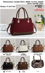 Detail der Inneneinteilung und sechs Farboptionen für die Lederhandtasche für Damen