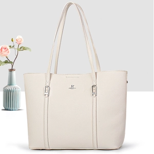 Detail of David Jones Paris off-white pebbled leather tote bag with silver hardware